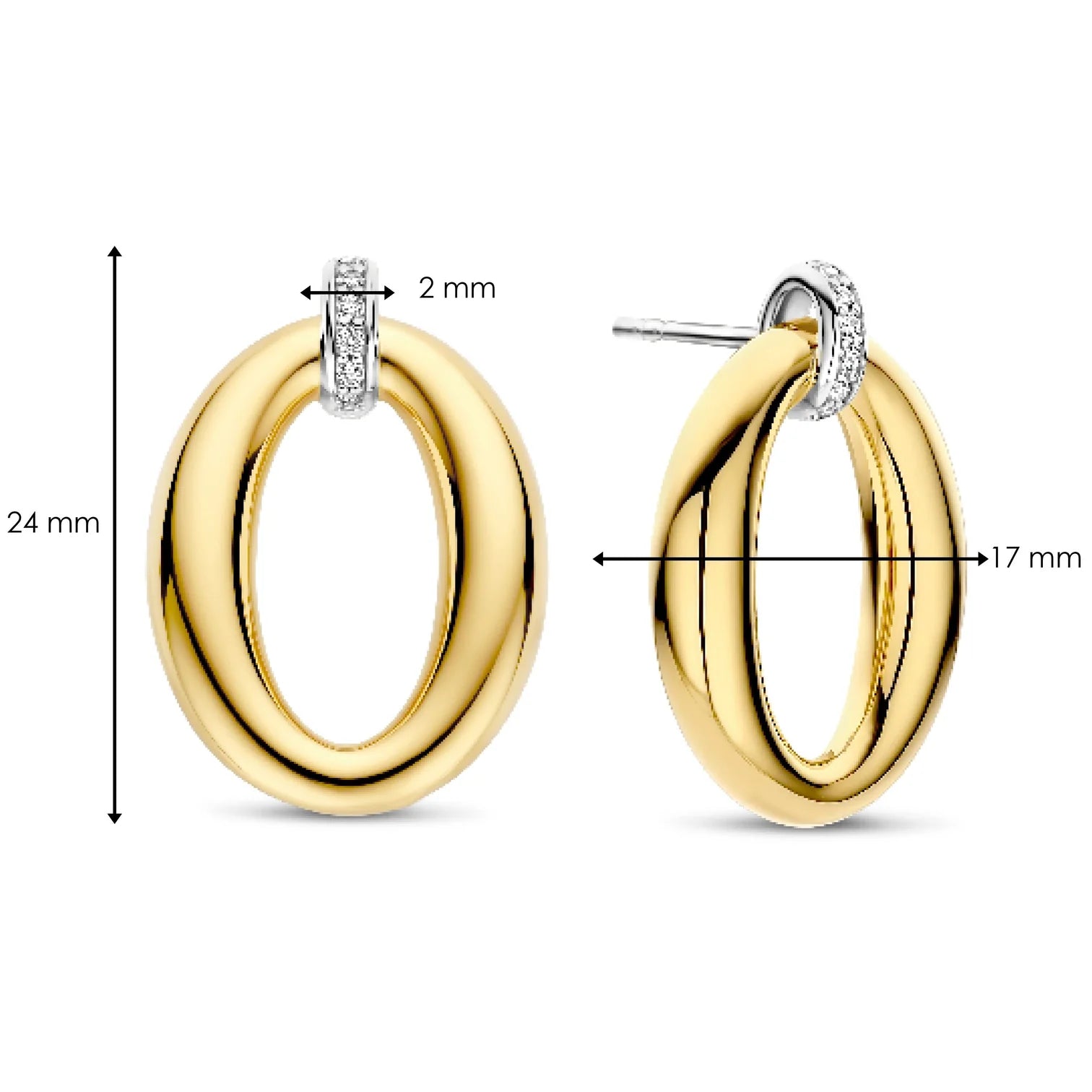 Aretes ovalados clásicos de plata bañada en oro amarillo con zirconia blanca