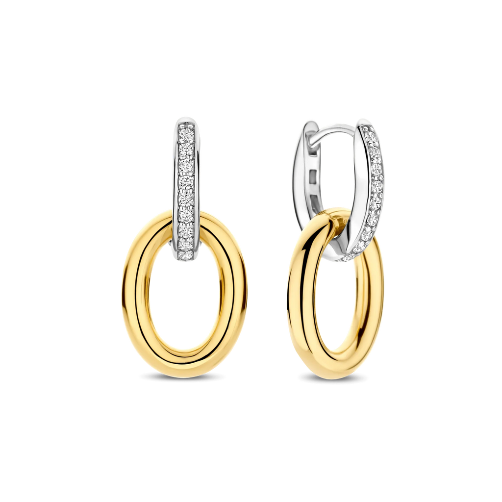 Aretes colgantes de plata bañada en oro amarillo con zirconia blanca