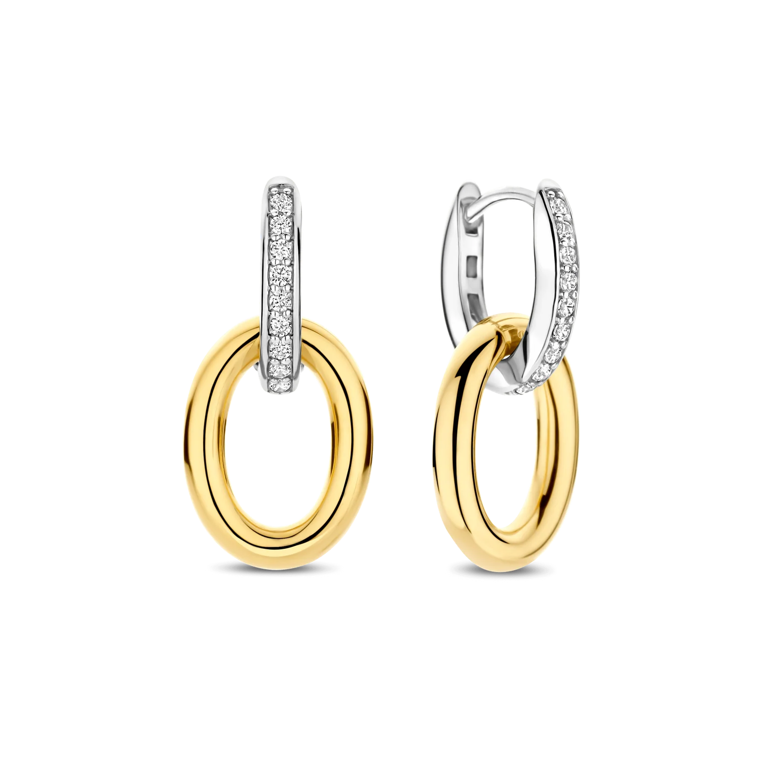 Aretes colgantes de plata bañada en oro amarillo con zirconia blanca