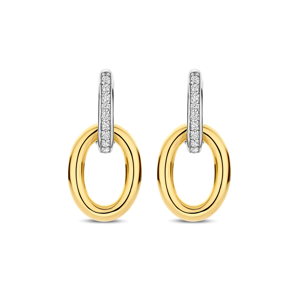 Aretes colgantes de plata bañada en oro amarillo con zirconia blanca