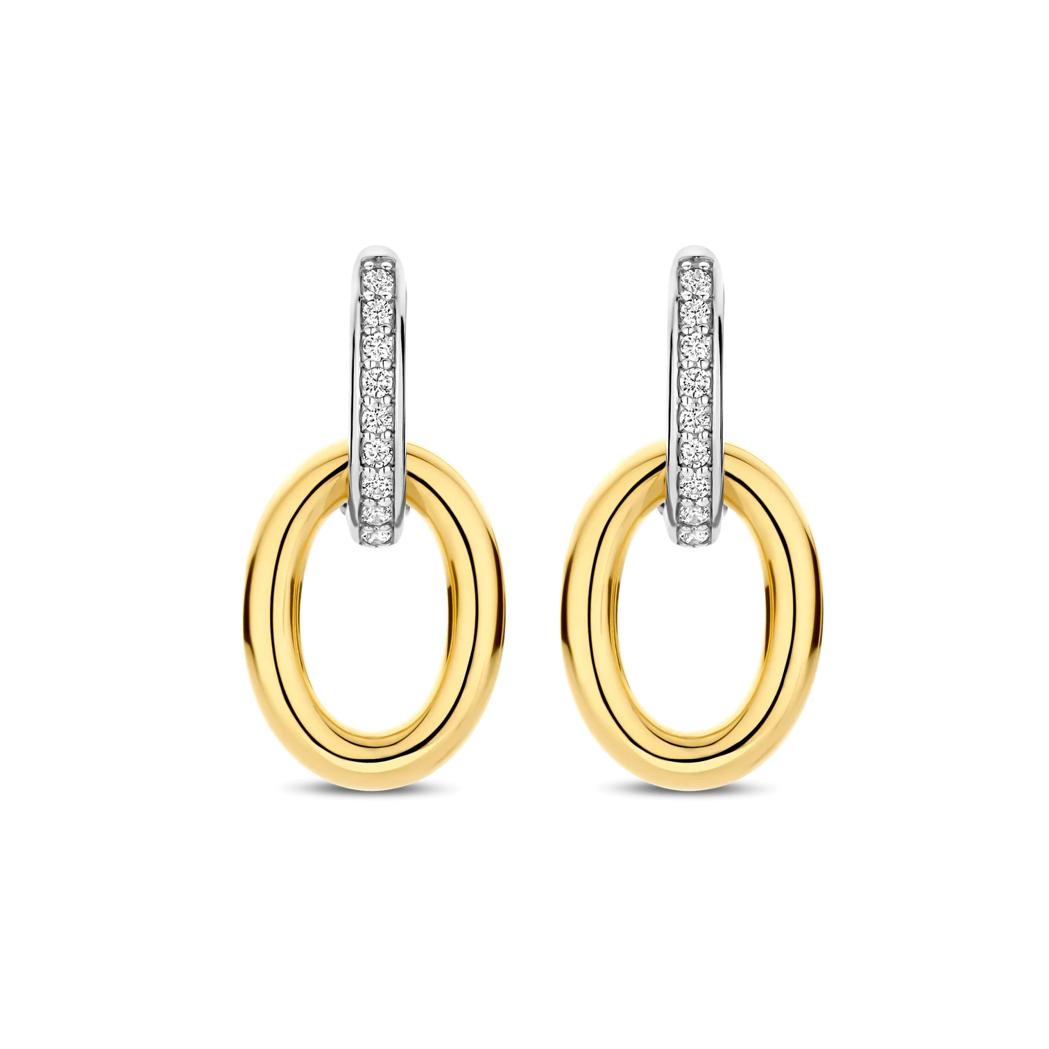 Aretes colgantes de plata bañada en oro amarillo con zirconia blanca