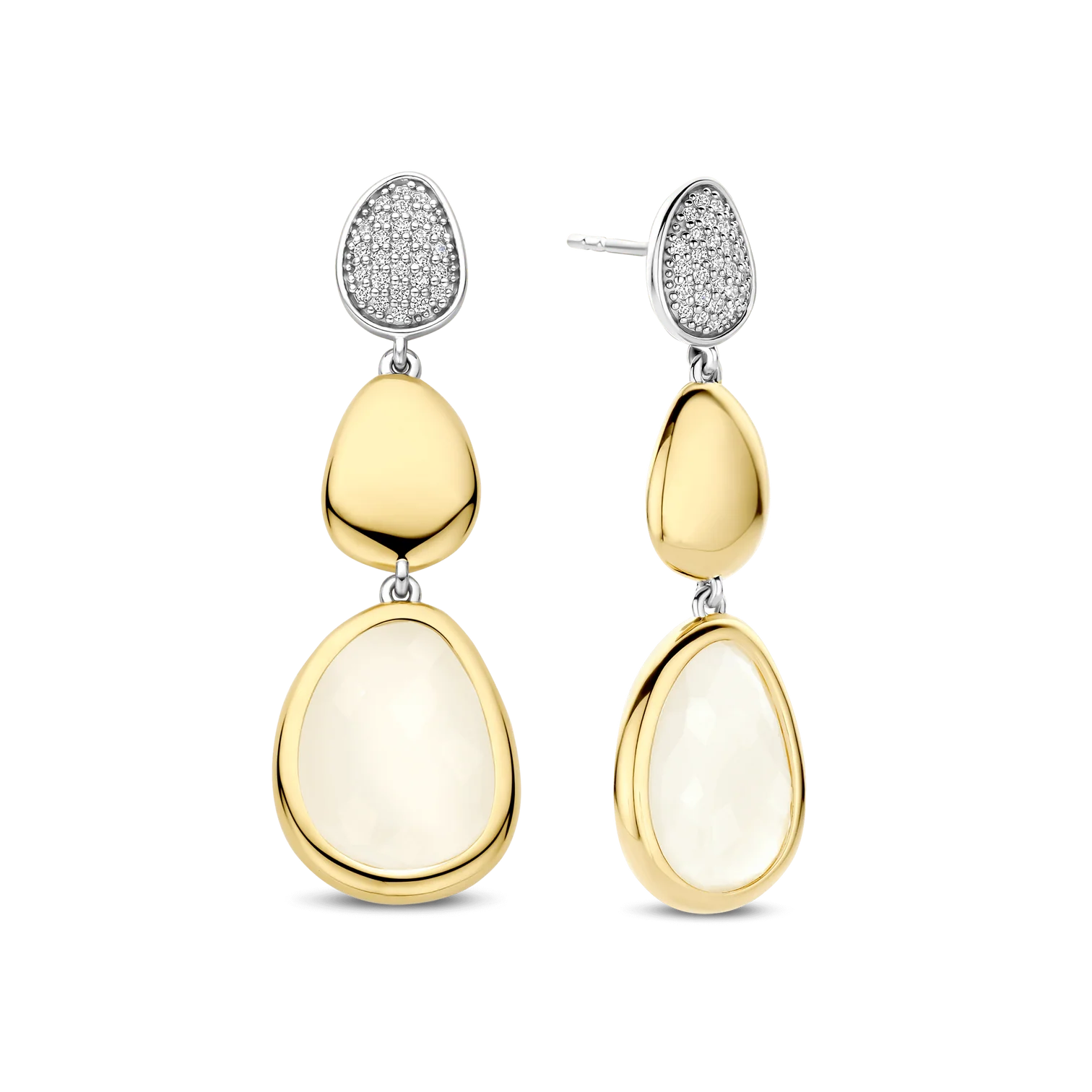 Aretes colgantes de plata con acabado platinado y nácar