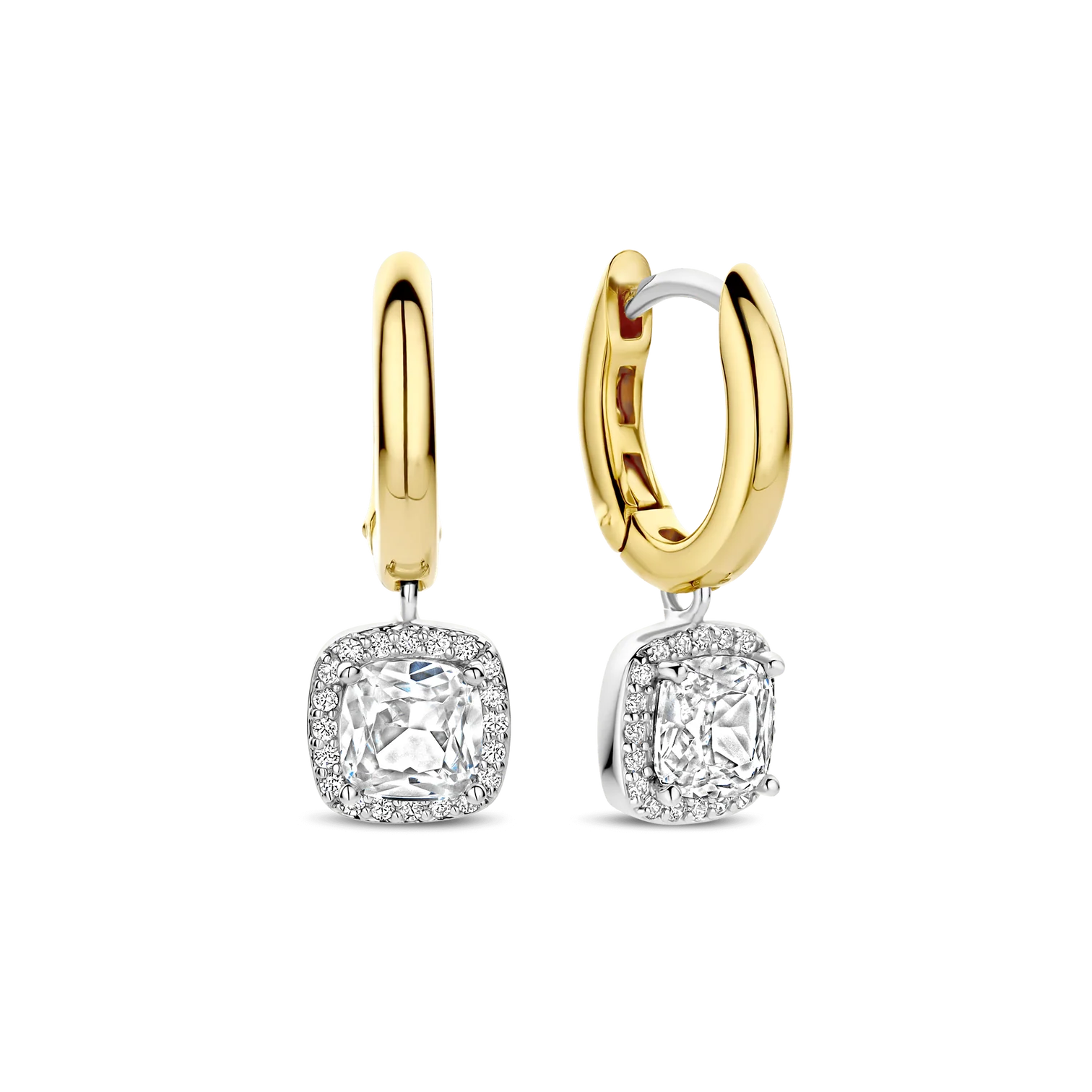 Aretes de aro clásicos cuadrados de plata bañada en oro amarillo con zirconia blanca