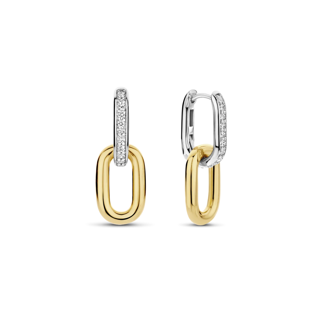 Aretes colgantes bicolor de plata bañada en oro amarillo con zirconia blanca
