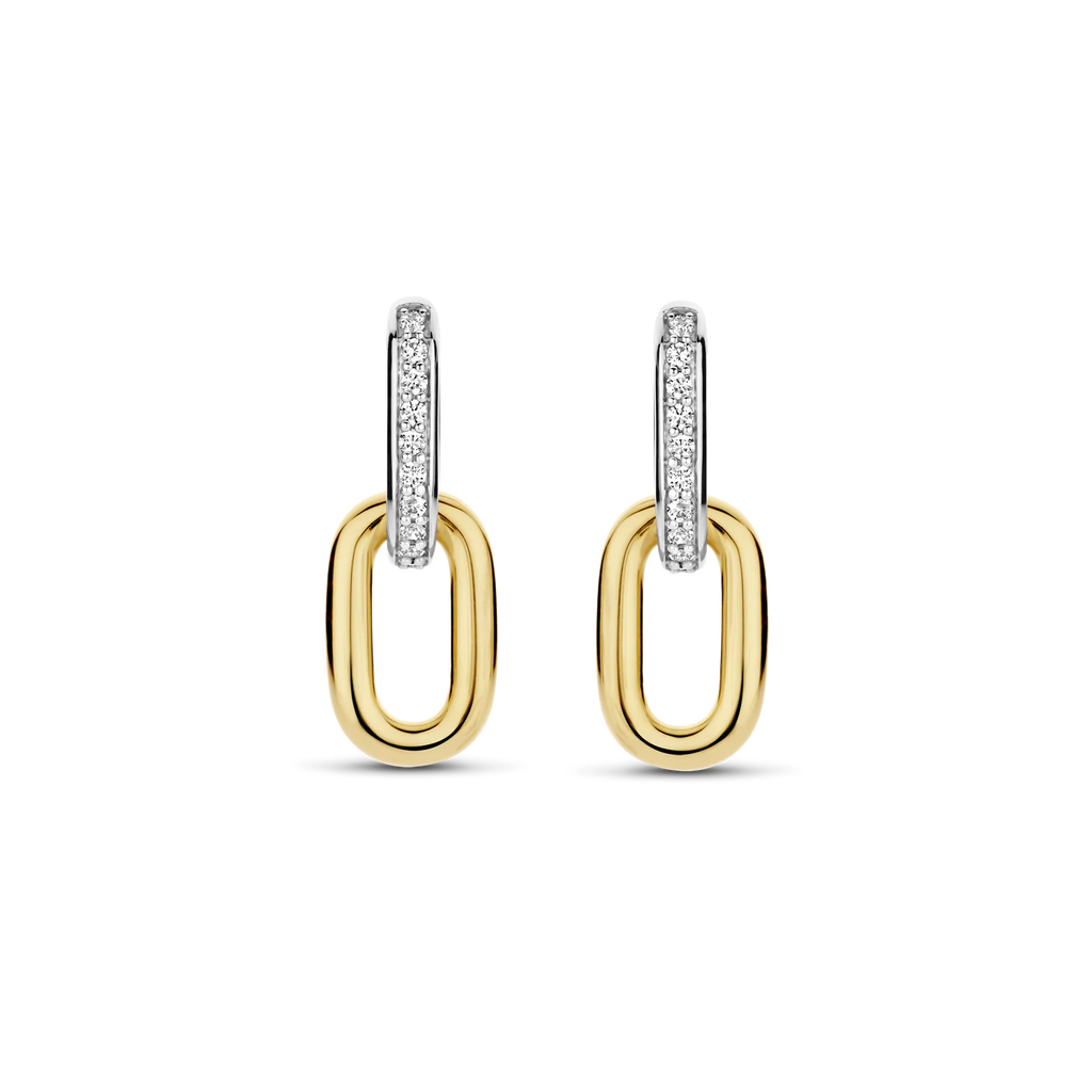 Aretes colgantes bicolor de plata bañada en oro amarillo con zirconia blanca