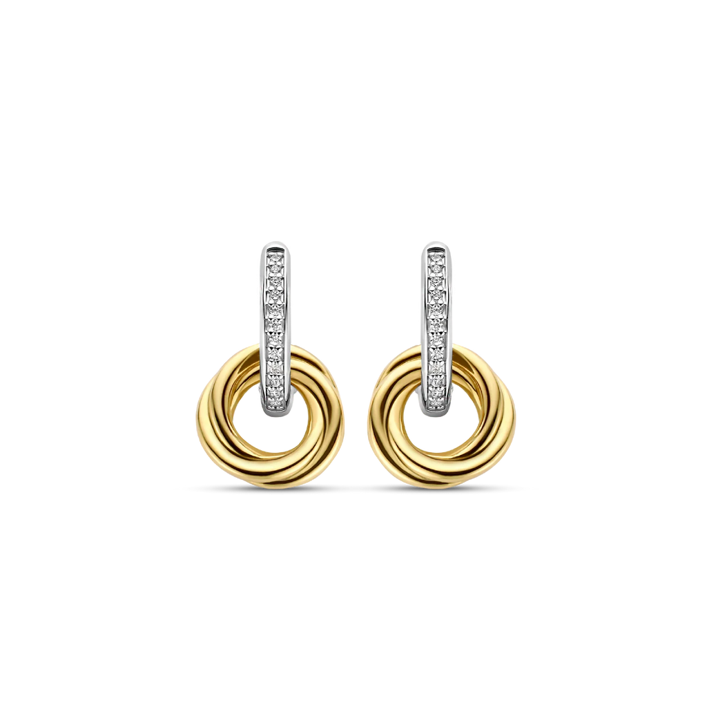Aretes colgantes de plata bañada en oro amarillo con zirconia blanca