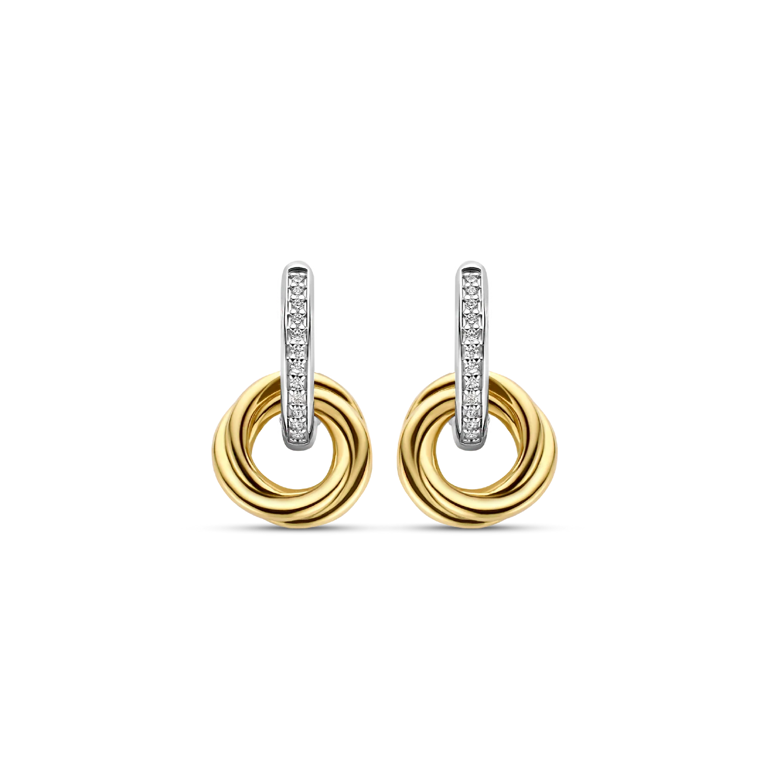 Aretes colgantes de plata bañada en oro amarillo con zirconia blanca