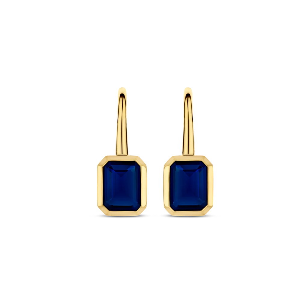 Aretes de plata bañada en oro amarillo con piedra azul