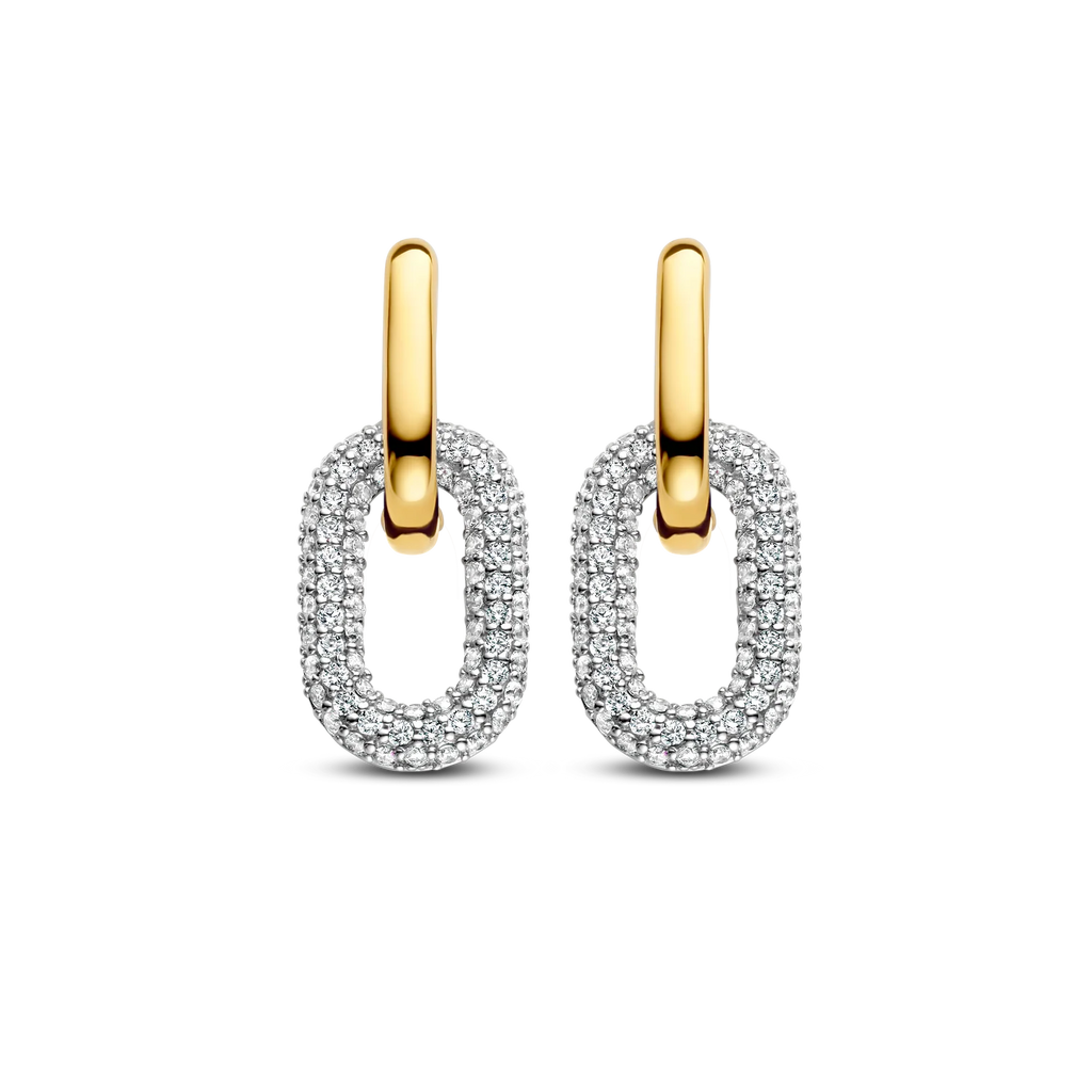 Aretes colgantes bicolor de plata bañada en oro amarillo con zirconia blanca