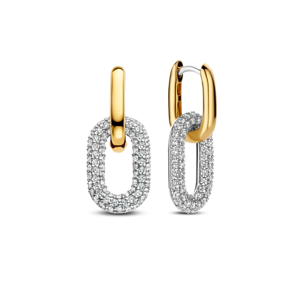 Aretes colgantes bicolor de plata bañada en oro amarillo con zirconia blanca