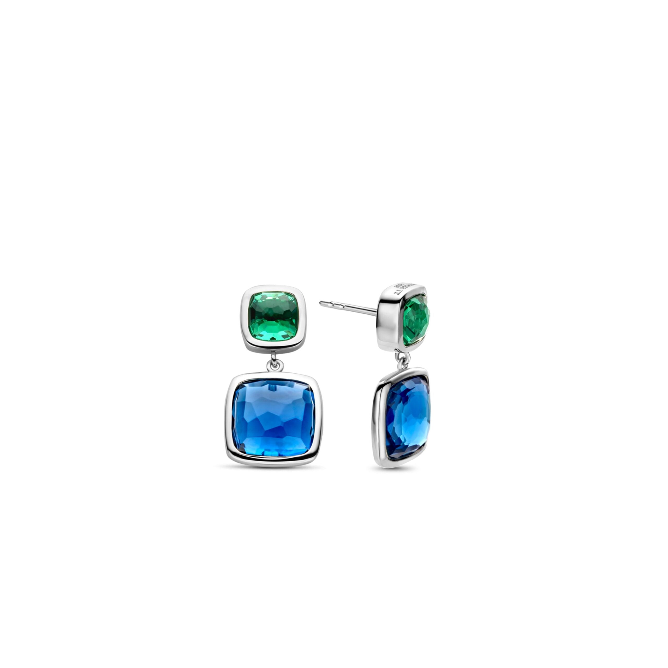 Aretes de plata con acabado platinado y piedras azul y verde