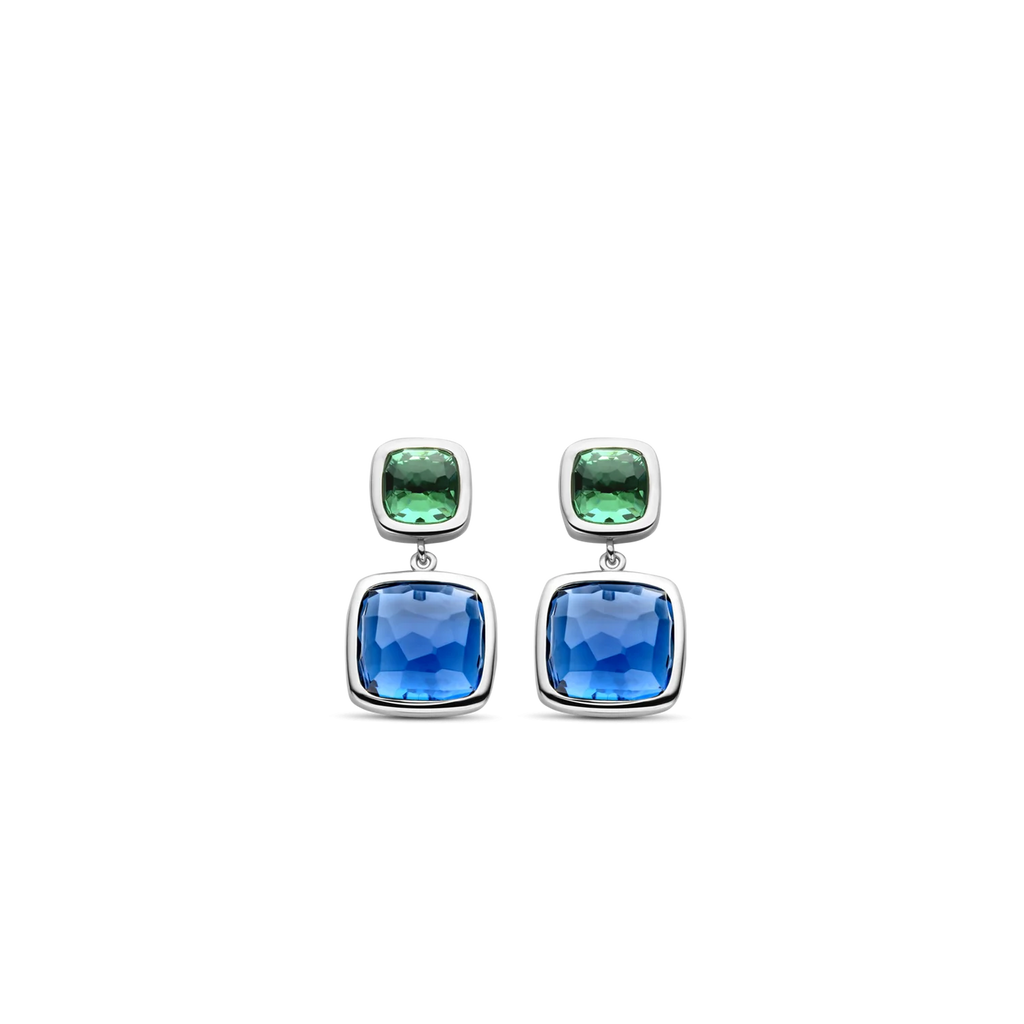 Aretes de plata con acabado platinado y piedras azul y verde