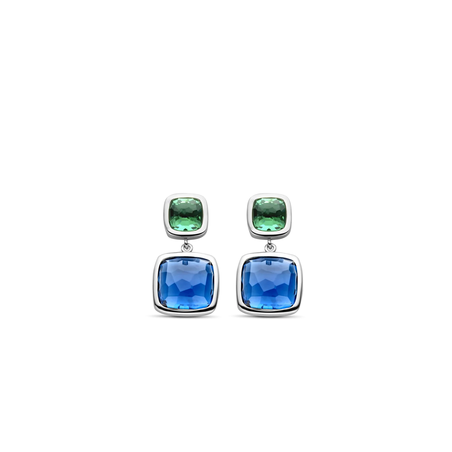 Aretes de plata con acabado platinado y piedras azul y verde