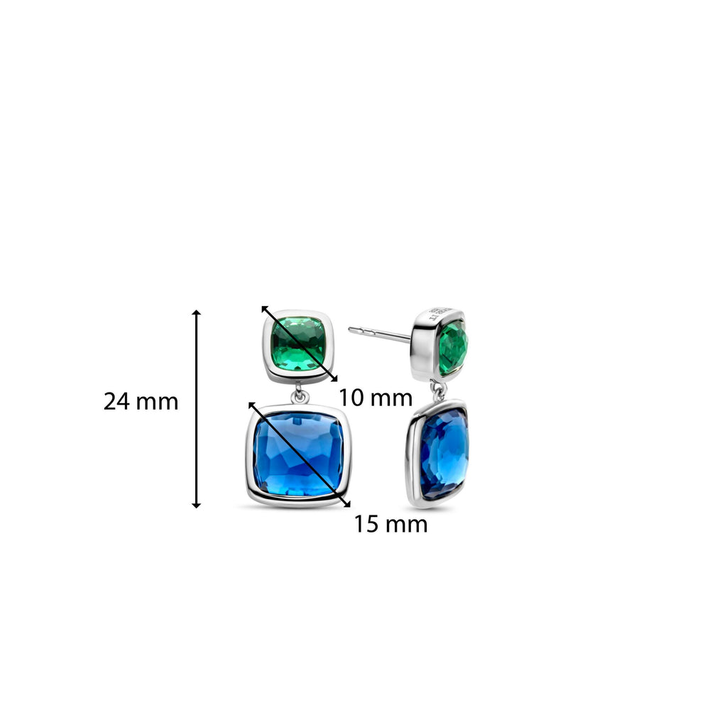 Aretes de plata con acabado platinado y piedras azul y verde