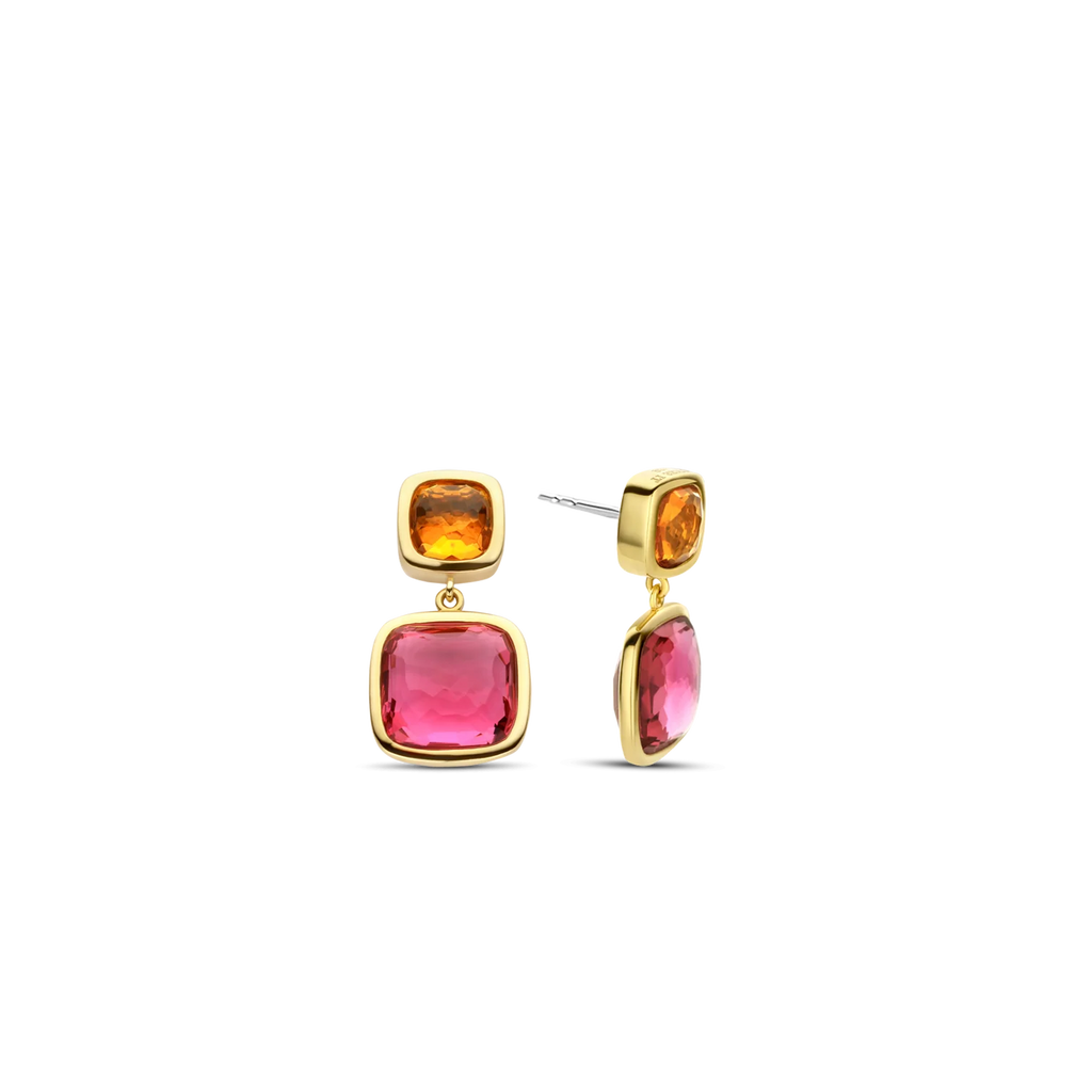 Aretes de plata bañada en oro amarillo con piedras naranja y rosa