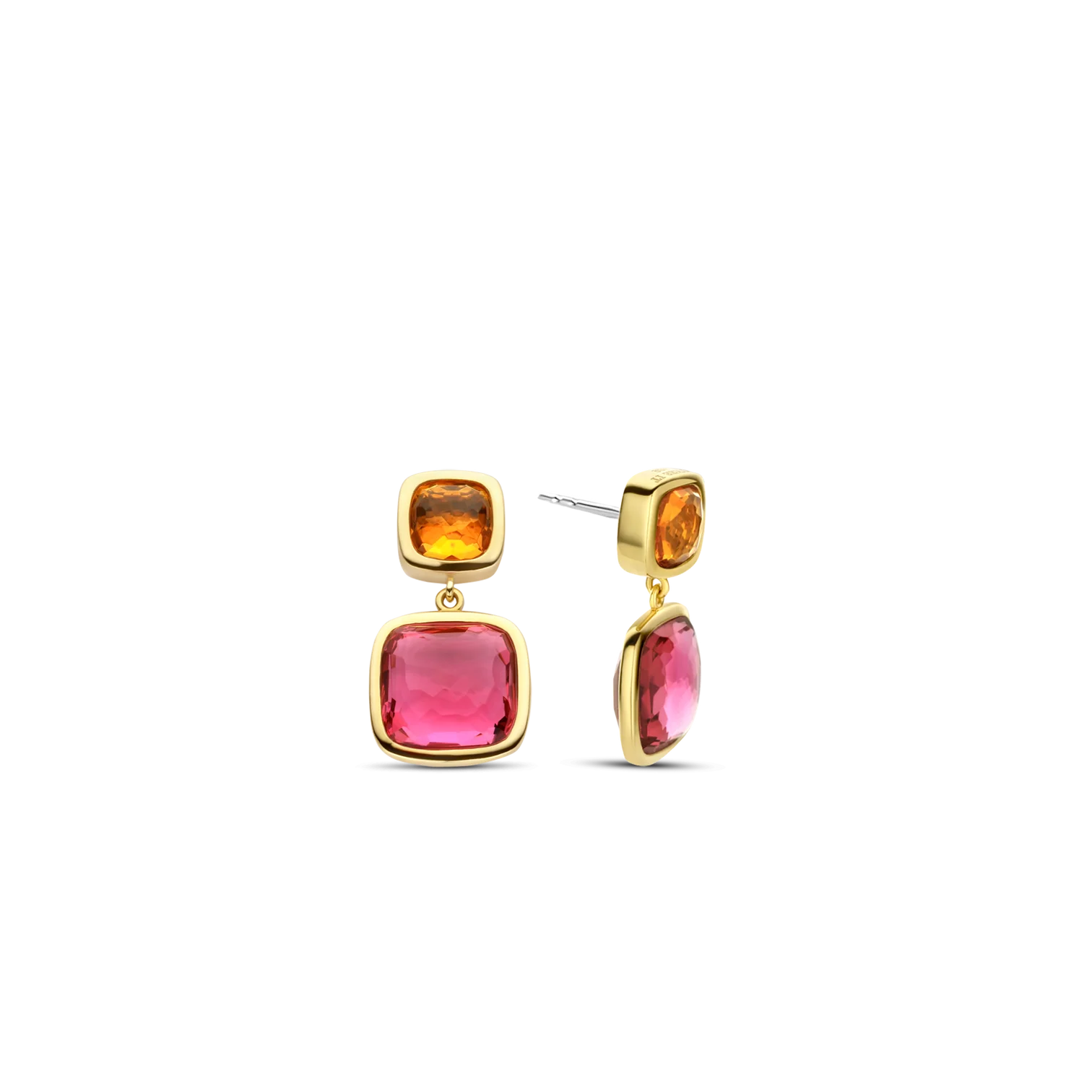 Aretes de plata bañada en oro amarillo con piedras naranja y rosa