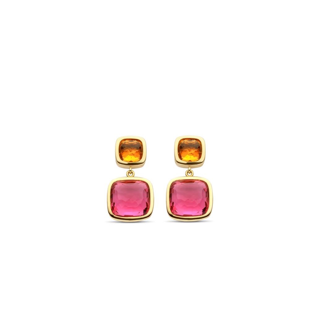 Aretes de plata bañada en oro amarillo con piedras naranja y rosa