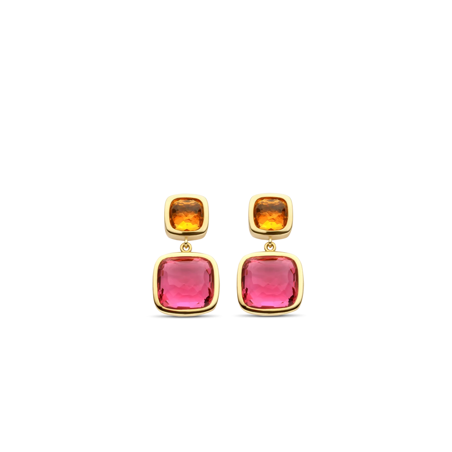 Aretes de plata bañada en oro amarillo con piedras naranja y rosa