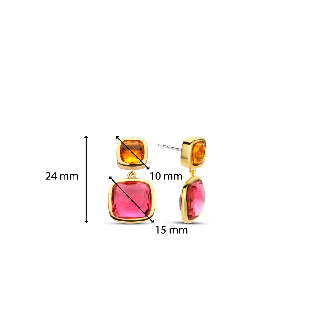 Aretes de plata bañada en oro amarillo con piedras naranja y rosa