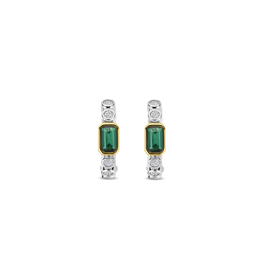 Aretes de aro de plata bañados en oro con zirconia esmeralda