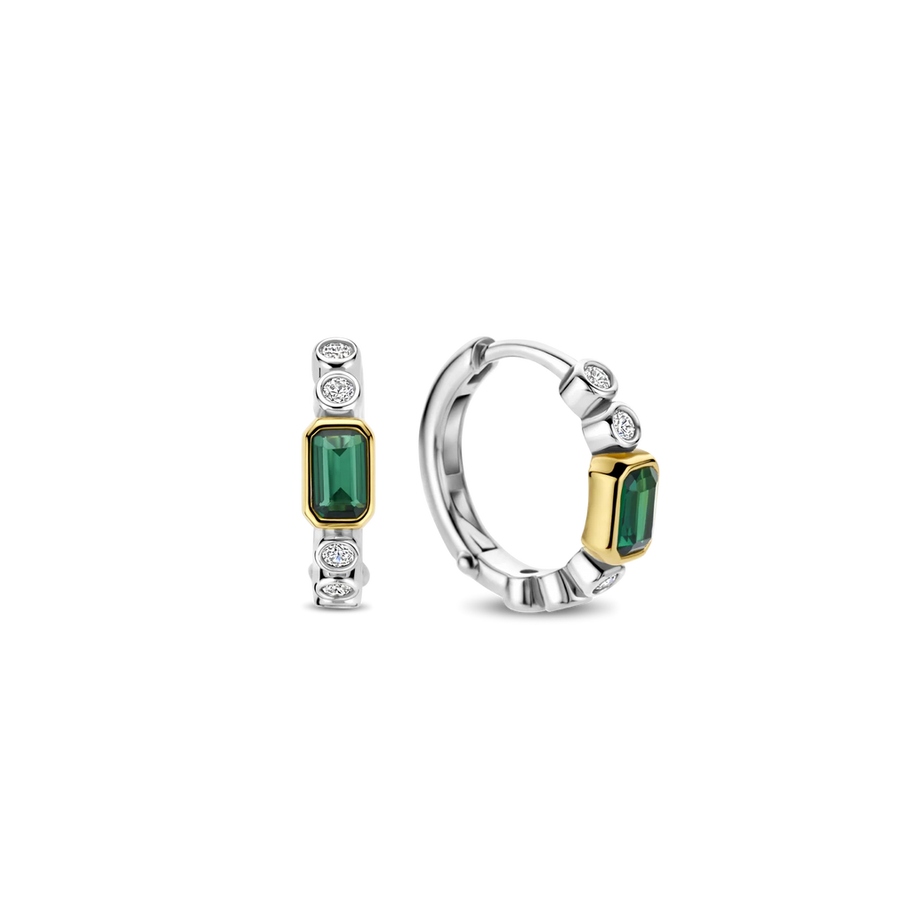 Aretes de aro de plata bañados en oro con zirconia esmeralda