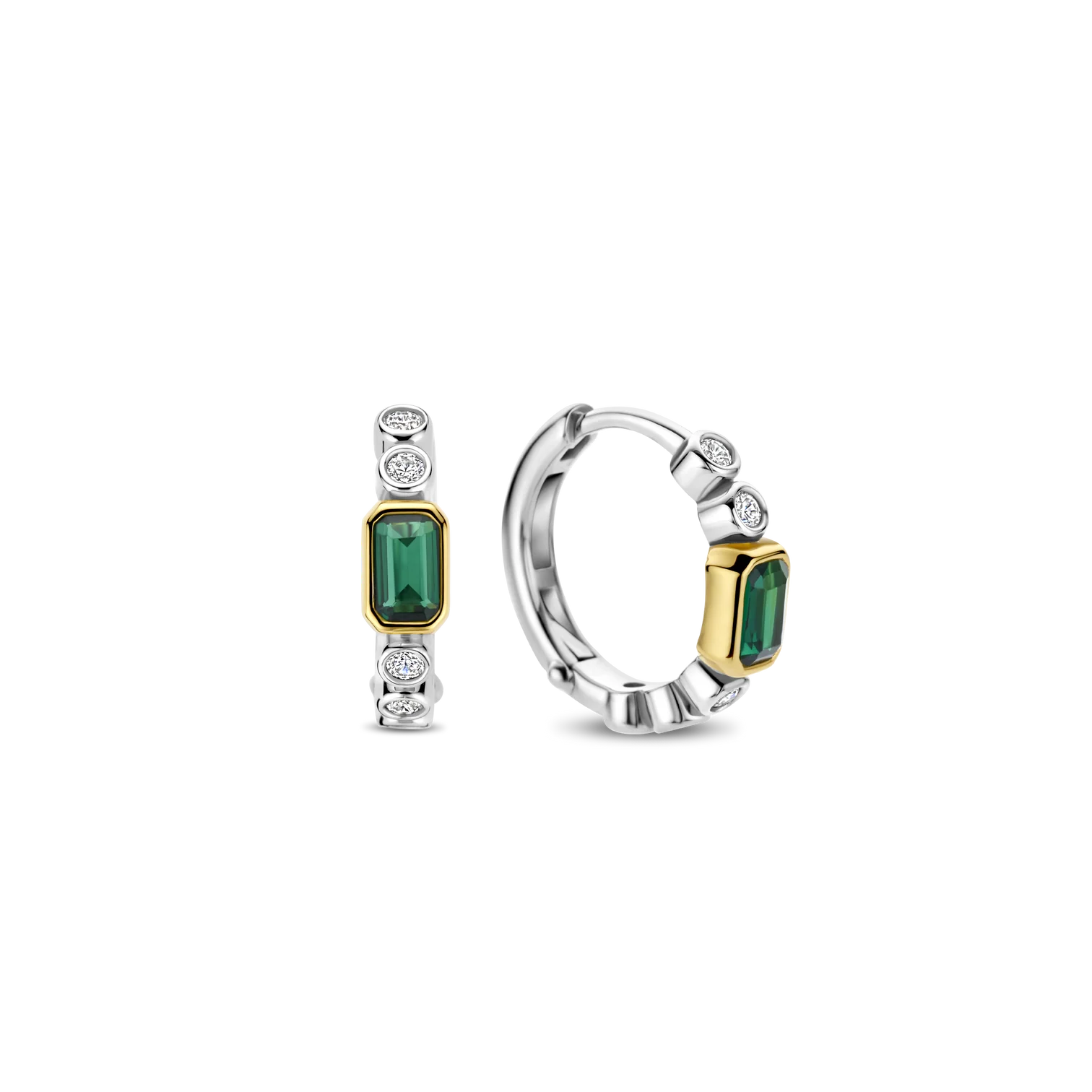 Aretes de aro de plata bañados en oro con zirconia esmeralda