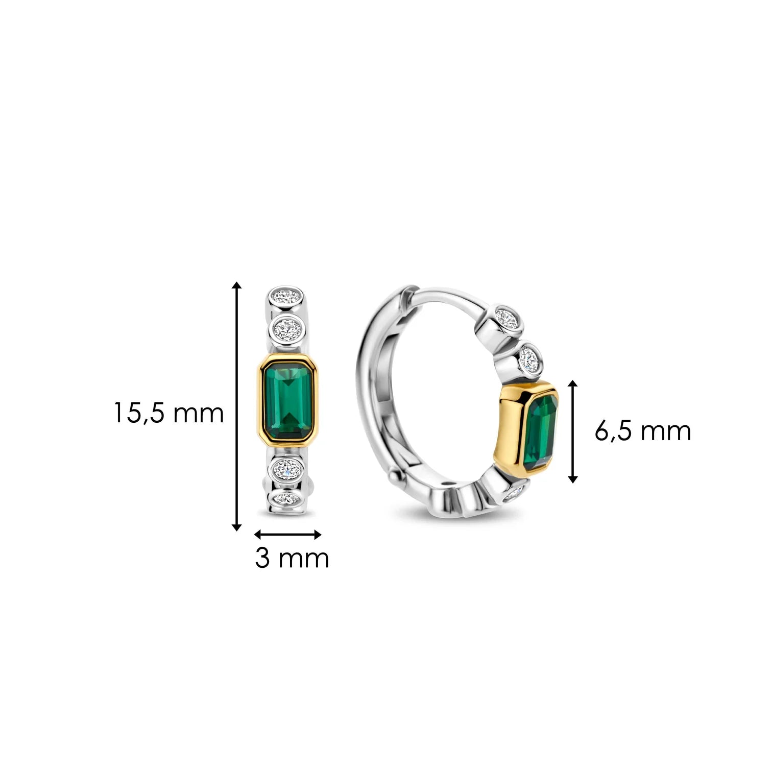 Aretes de aro de plata bañados en oro con zirconia esmeralda