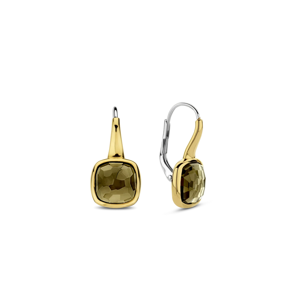 Aretes de plata bañados en oro con piedra caqui translúcida