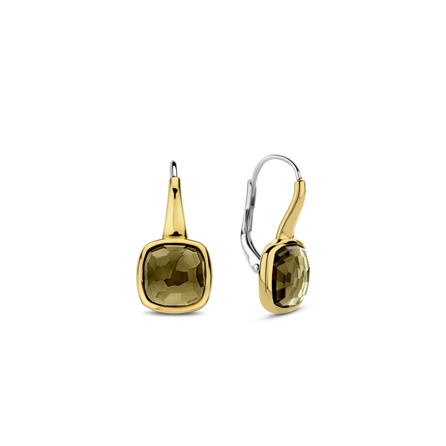 Aretes de plata bañados en oro con piedra caqui translúcida