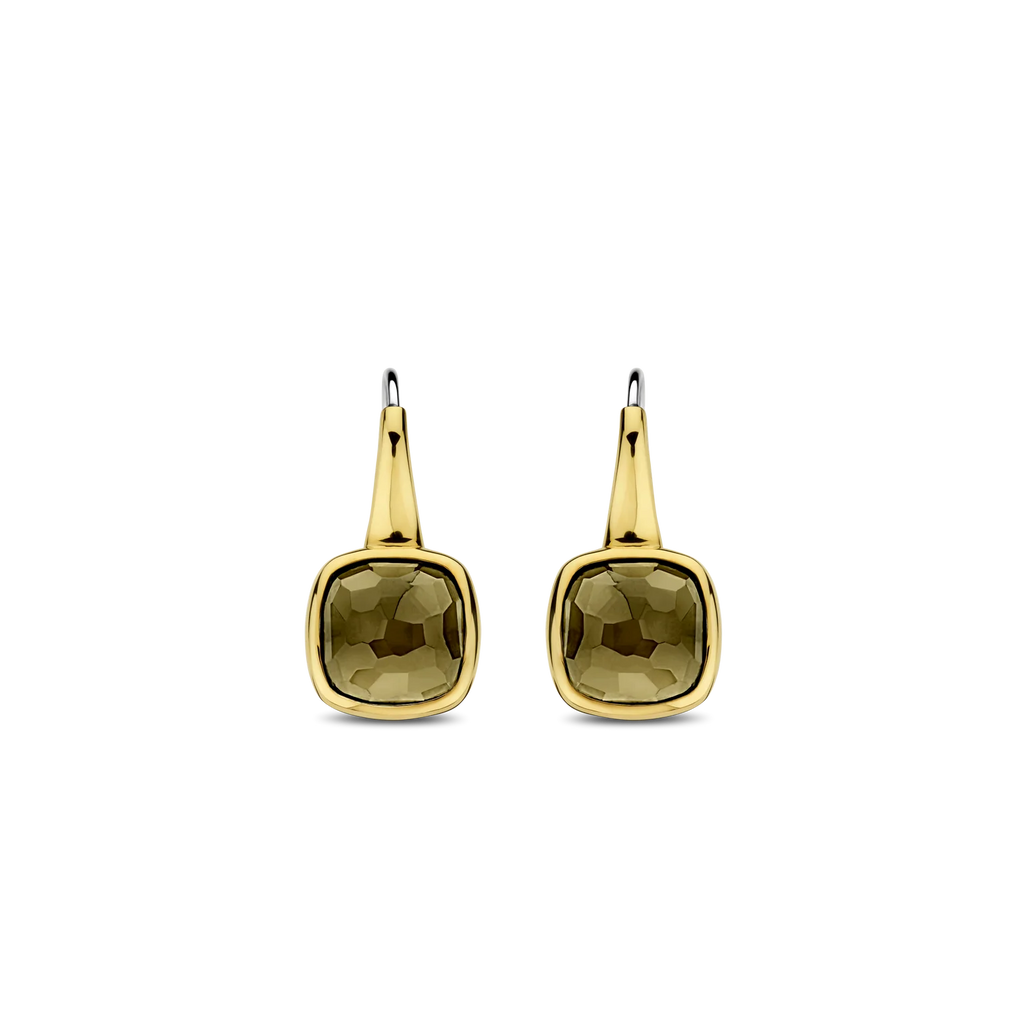Aretes de plata bañados en oro con piedra caqui translúcida