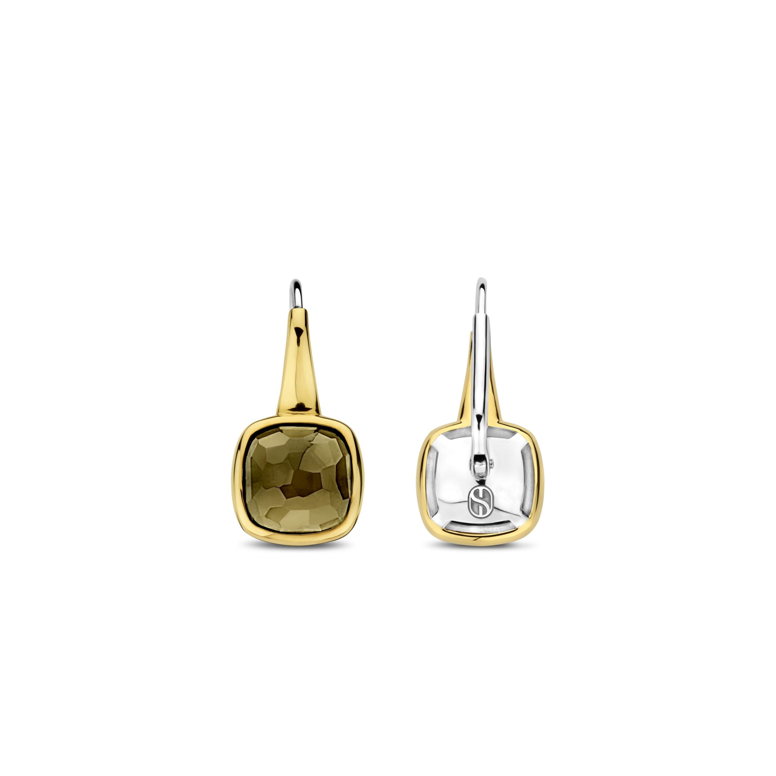 Aretes de plata bañados en oro con piedra caqui translúcida